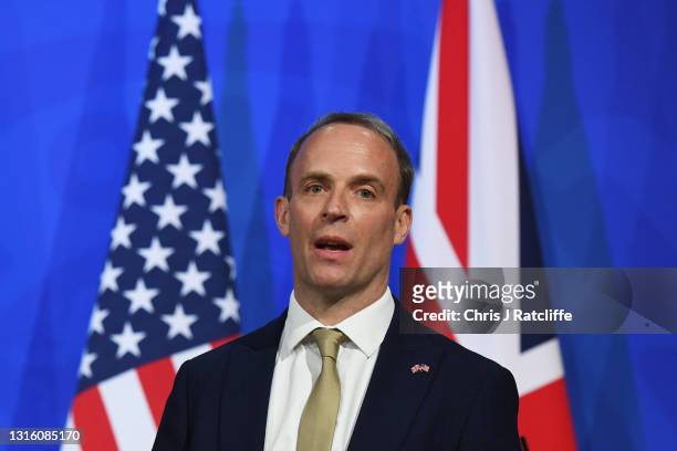 Foreign Secretary, Dominic Raab speaks during a press conference at Downing Street on May 3, 2021 in London, England. This is the first visit to the...
