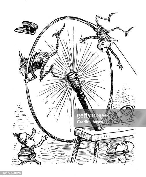 antike illustration von lustigen comic-zeichentrickfiguren ("the brownies", 1887) - spinnrad stock-grafiken, -clipart, -cartoons und -symbole