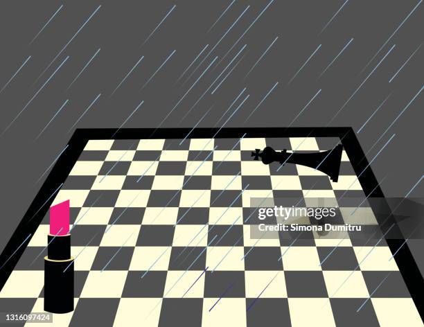 illustration of a chessboard with two players, one a lipstick and the other one , the king, raining over them - scacchiera foto e immagini stock