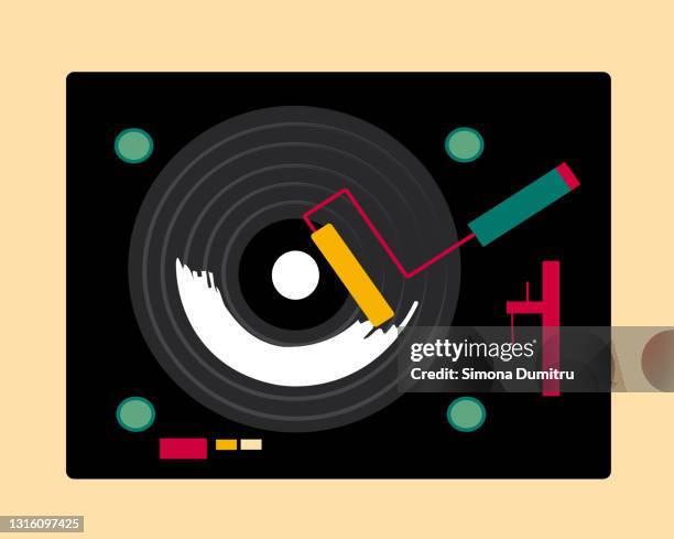 illustration of a vinyl record with a roller to play on, isolated on yellow background - gramophone repair stock pictures, royalty-free photos & images