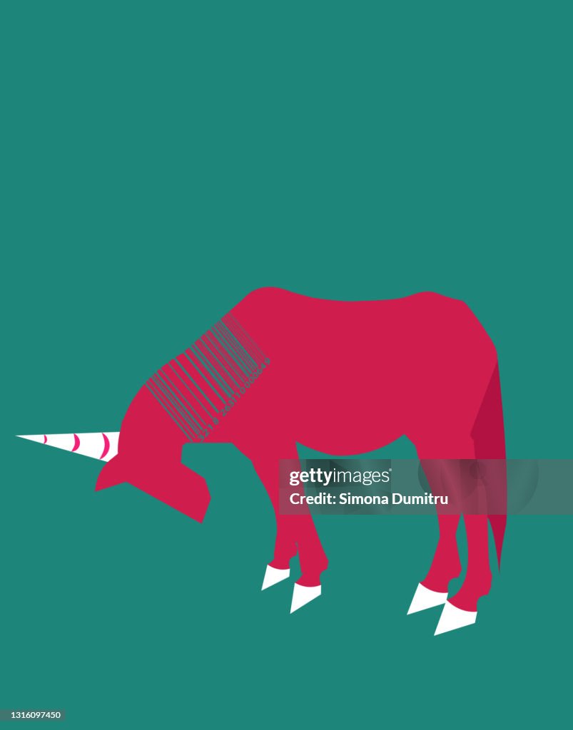 Illustration of an unicorn with her hair as a bar code design, isolate don a green background