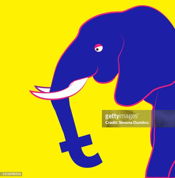 illustration of a pink elephant with the facebook logo, isolated on a yellow background - content marketing stock-fotos und bilder