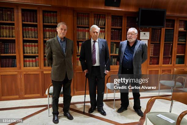 Felix de Azua, Mario Vargas Llosa and Fernando Savater attend 'Expresion de Libertad' colloquium at the APM headquarter on May 03, 2021 in Madrid,...