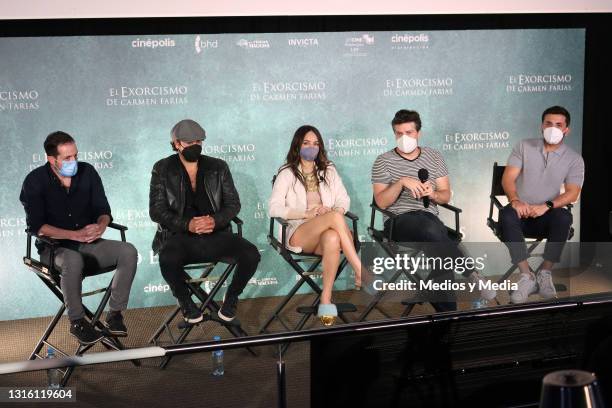 Molo Alcocer, Juan Pablo Castañeda, Camila Sodi, Rodrigo Fiallega and Javier González-Rubio attend a press conference to present the film "El...