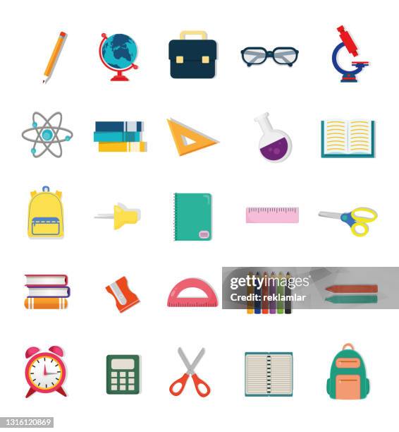 illustrazioni stock, clip art, cartoni animati e icone di tendenza di torna a school & learning, set di icone vettoriali school supplies. icone della scienza, della ricerca e dell'educazione. moderno, colorato, alla moda illustrazione vettoriale set isolato su bianco. - icone materie scolastiche