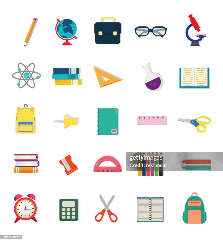 Back to School & Learning, School Supplies vector icon set. Science, research and education Icons. Modern, colorful, trendy vector illustration set isolated on white.