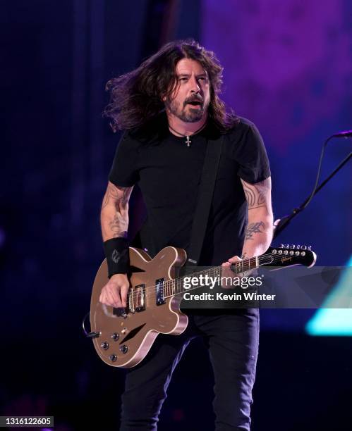 In this image released on May 2, Dave Grohl of music group Foo Fighters performs onstage during Global Citizen VAX LIVE: The Concert To Reunite The...