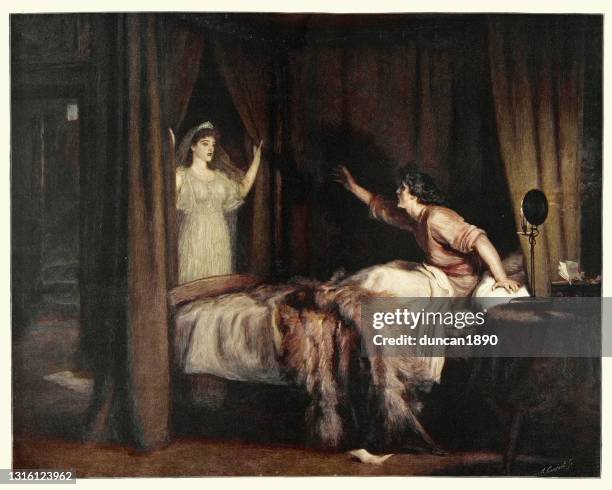 stockillustraties, clipart, cartoons en iconen met jonge mens die een spook, de geest van zijn verloren liefde, victorian ziet - couple in bed