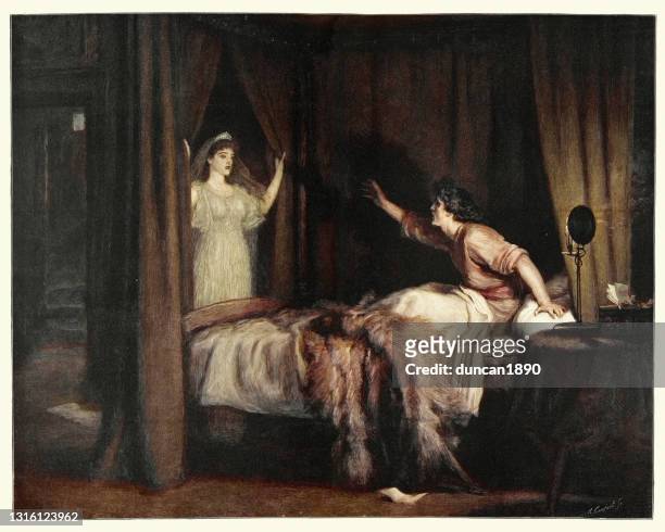young man seeing a ghost, the spirit of his lost love, victorian - four poster bed stock illustrations