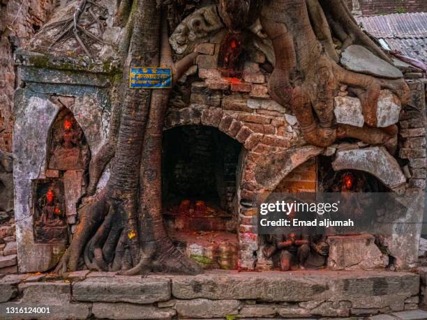 hindu tree shrine, kathmandu durbar square, kathmandu, nepal - machapuchare stock pictures, royalty-free photos & images