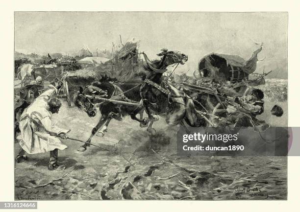ilustraciones, imágenes clip art, dibujos animados e iconos de stock de hombre luchando para detener fuera de control caballos y carreta, victoriano siglo 19 - runaway vehicle
