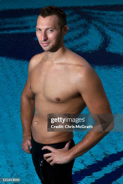 Australian swimmer Ian Thorpe poses at the Pan Pacific Hotel on November 1, 2011 in Singapore.