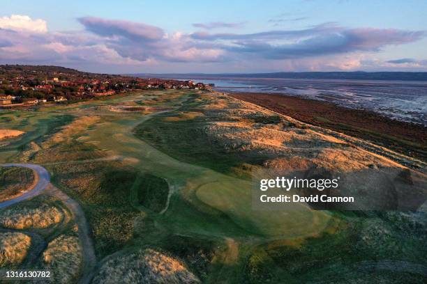 An aerial view from behind the green on the par 4, 10th hole which will play as the 12th hole in The Open Championship at Royal Liverpool Golf Club...