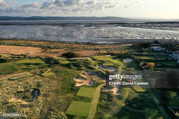 An aerial view from the tee on the new 134 yards par 3, 15th hole which will play as the 17th hole in The Open Championship at Royal Liverpool Golf...