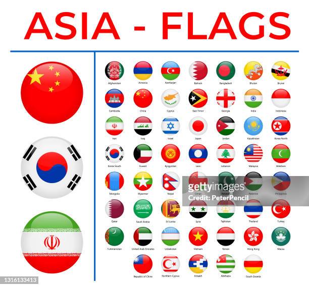 world flags - asia - vector round circle glossy icons - east asian culture stock illustrations