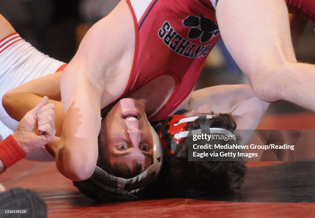 2/4/2010 Leesport, PASchuylkill Valley's Mike Giorgio wrestles Annville's Jake Eisenhauer in the 135 pound weight class. Girogio pinned.Scholastic Wrestling the Schuylkill Valley Panthers versus the Annville-Cleona Little Dutchmen at S