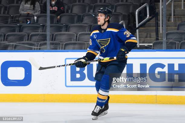 Steve Santini of the St. Louis Blues in action against the Colorado Avalanche on April 26, 2021 at the Enterprise Center in St. Louis, Missouri.