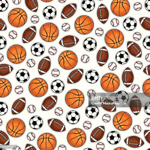 ilustraciones, imágenes clip art, dibujos animados e iconos de stock de de básquetbol, baseball, fútbol y soccerball patrón - modelo de base