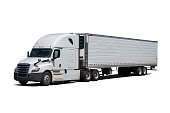 A cut out Semi Truck with White Cargo Container with clipping path.