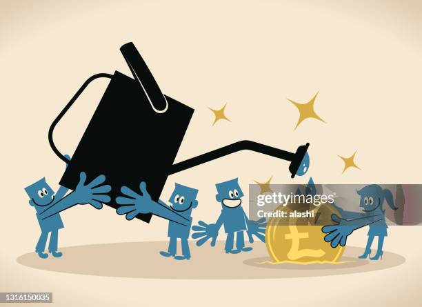 business team (female with group of males) sowing a british pound currency seed and watering - financial freedom stock illustrations