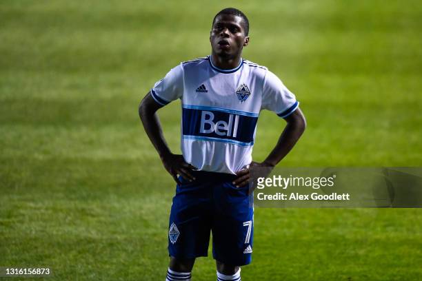 Deiber Caicedo of Vancouver Whitecaps in action during a game against the Colorado Rapids at Rio Tinto Stadium on May 02, 2021 in Sandy, Utah.