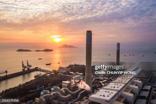 aerial view power plant, power plant electricity generating station industry - nuclear power station imagens e fotografias de stock