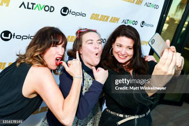 Jenna Milly, Betsy Sodaro, and Ann Marie Allison attends Utopia Films presents "Golden Arm" premiere at Palm Sophia Rooftop on April 30, 2021 in...