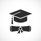 Graduation cap and education diploma vector icon