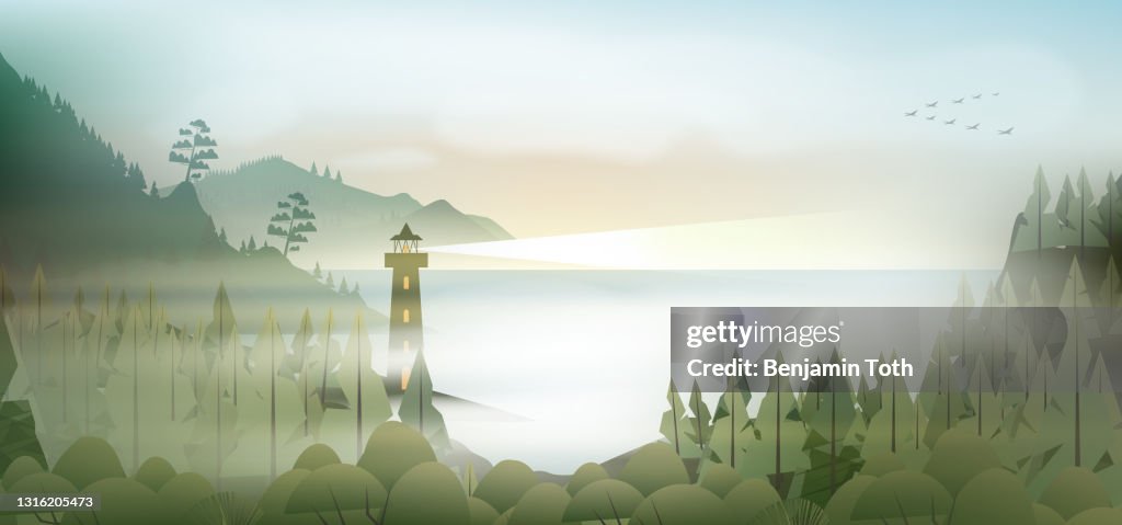 Seashore landscape with lighthouse