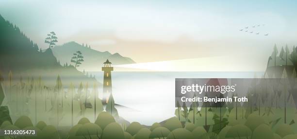 seashore landscape with lighthouse - atlantic ocean stock illustrations