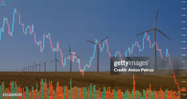 wind turbines on the background of stock charts - image manipulation stock pictures, royalty-free photos & images
