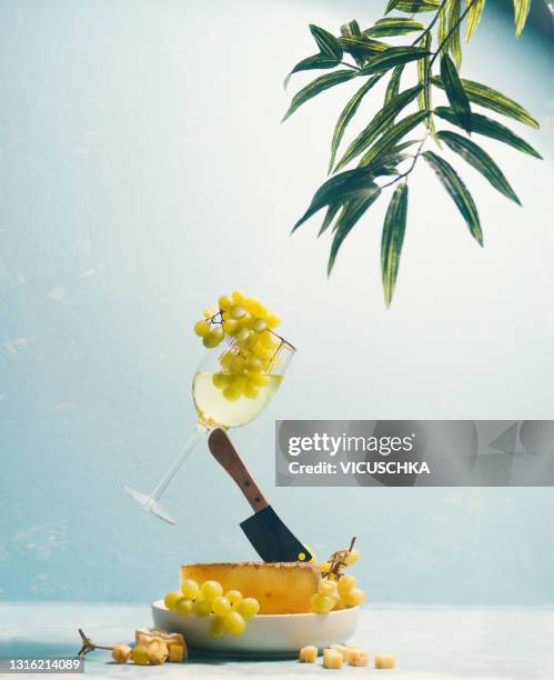 glass of white wine with grapes balanced on knife stuck in piece of cheese at sunny blue background with hanging green branches. creative food concept - cheese and wine stock-fotos und bilder