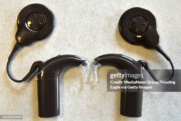 Pair of cochlear implant hearing devices which are used by Aubrey Braun of Amity Township on Tuesday, October 2, 2018. Photo by Harold Hoch