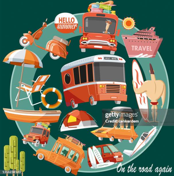 travel and holiday vector illustration - take a vintage summer road trip stock illustrations