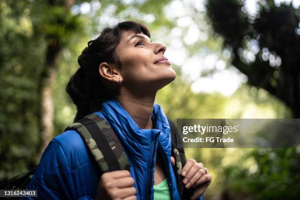 young woman admining hiking in a forest - looking around stock pictures, royalty-free photos & images