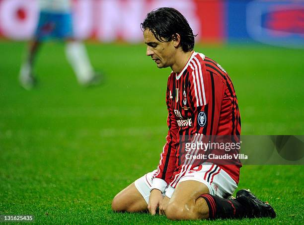 Filippo Inzaghi of AC Milan shows his dejection during the Serie A match between AC Milan and Catania Calcio at Stadio Giuseppe Meazza on November 6,...