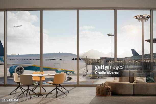 3d rendering of the airport terminal - first class imagens e fotografias de stock