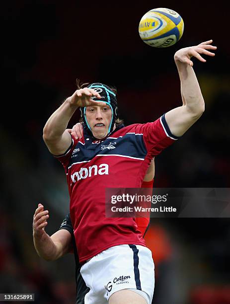 James Gaskell of Sale Sharks wins the line out ball during the Aviva Premiership match between Saracens and Sale Sharks at Vicarage Road on November...