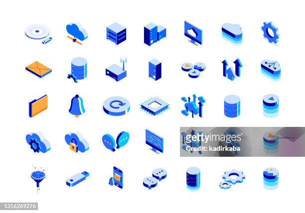 cloud technology isometric icon set and three dimensional design - digital stock illustrations
