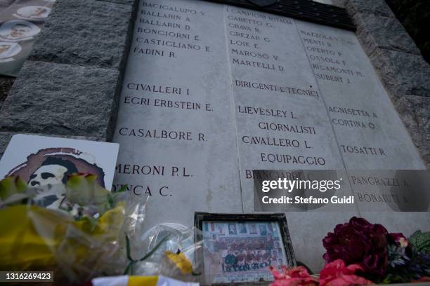 General view of the memorial plaque of Grande Torino on Basilica di Superga of Turin on Basilica di Superga of Turin on May 04, 2021 in Turin, Italy....