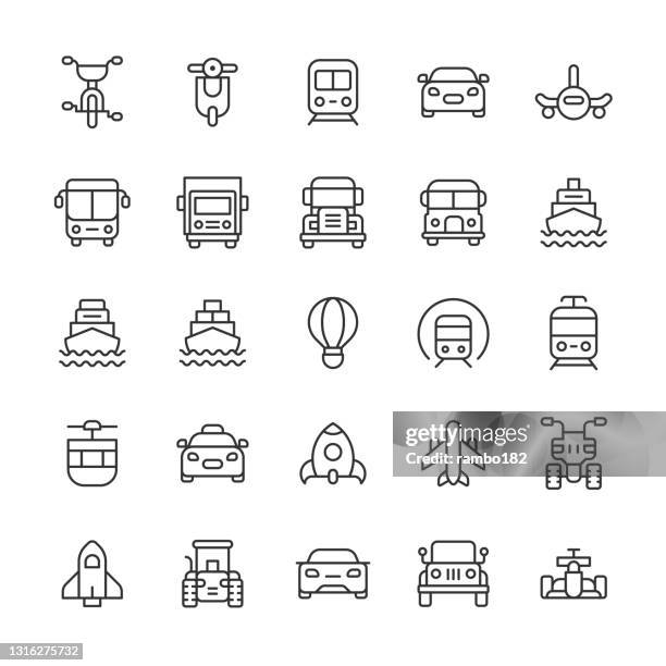 transportation line icons. editable stroke. pixel perfect. for mobile and web. contains such icons as airplane, auto, bike, boat, bus, car, cruise, freight, logistic, race car, rocket, ship, taxi, tractor, train, transport, travel, truck, van, vehicle. - heavy goods vehicle stock illustrations