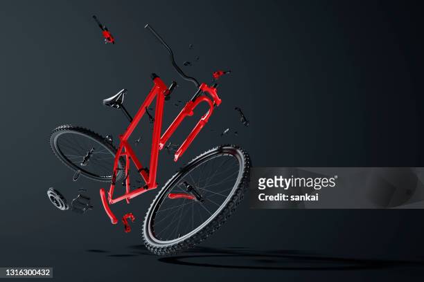 red disassembled mountain bike hovering in the air - machine part stock pictures, royalty-free photos & images