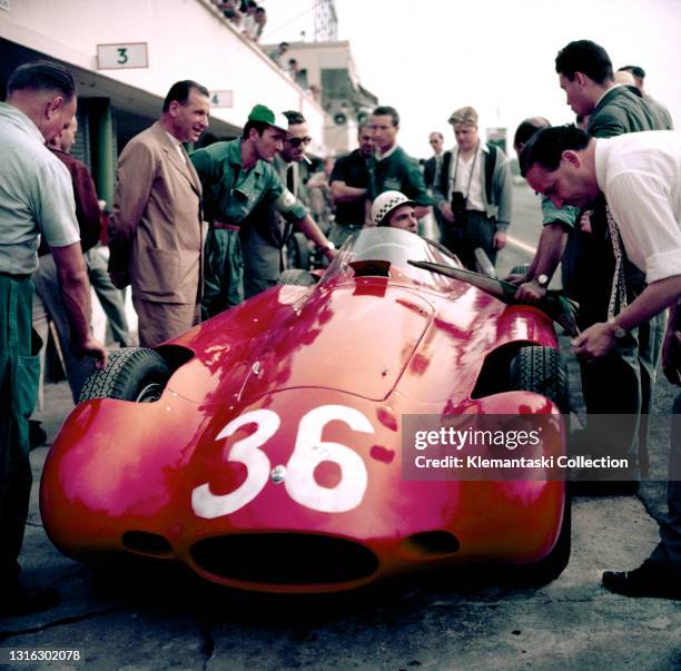 In practice Maserati experimented with a streamlined 250F, Jean Behra drove it to fourth place, Italian Grand Prix, Monza.