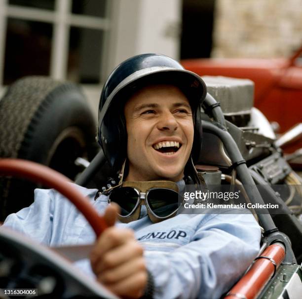 Jim Clark in his Lotus 25 before the start of the Belgian Grand Prix, Spa-Francorchamps. He won the race.