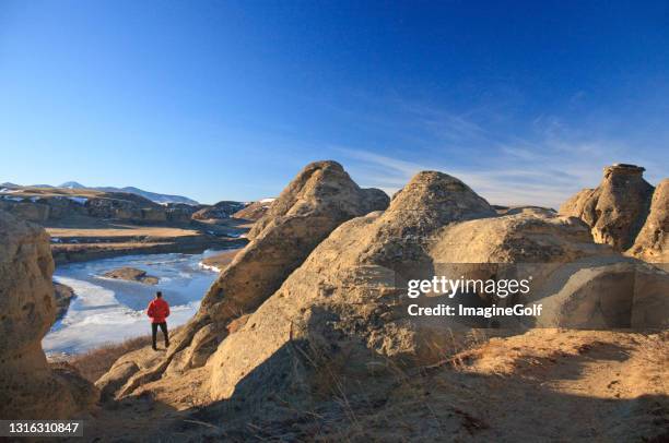 man admiring incredible view at writing-on-stone provincial park in alberta canada - alberta prairie stock pictures, royalty-free photos & images