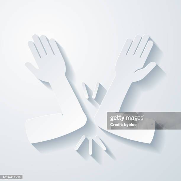 greeting with elbow bump. icon with paper cut effect on blank background - elbow bumping stock illustrations