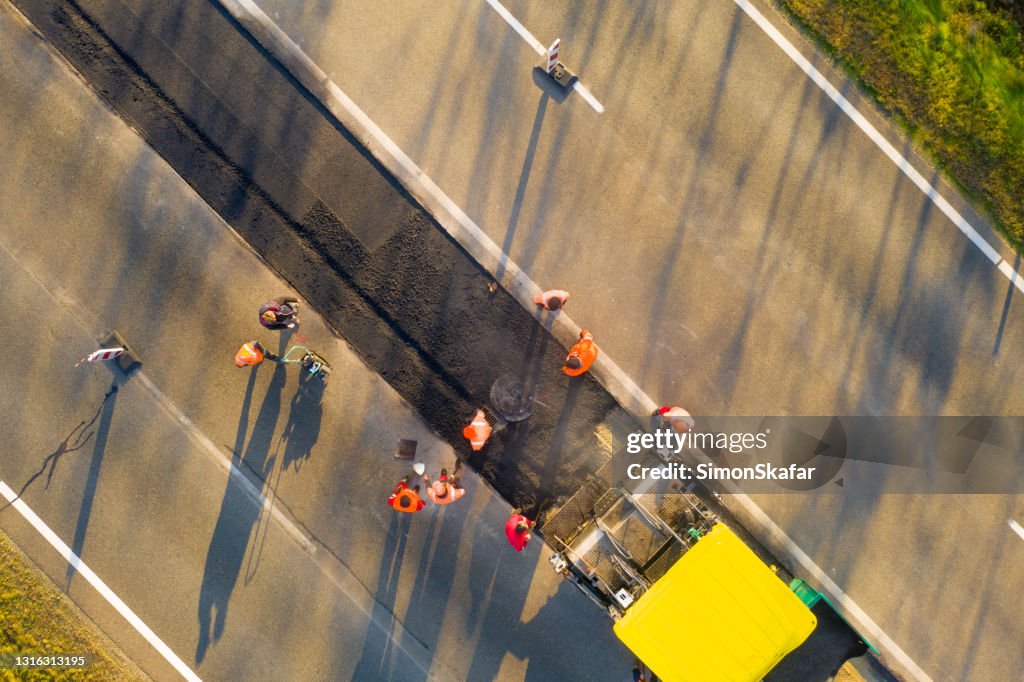 Aerial view of country road under construction