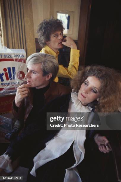 Portrait of, from left, American Pop artist Andy Warhol , film director Paul Morrissey, and model and actress Viva , Minneapolis, Minnesota, 1968....