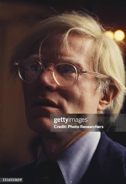 Close-up of American Pop artist Andy Warhol , New York, New York, 1975.