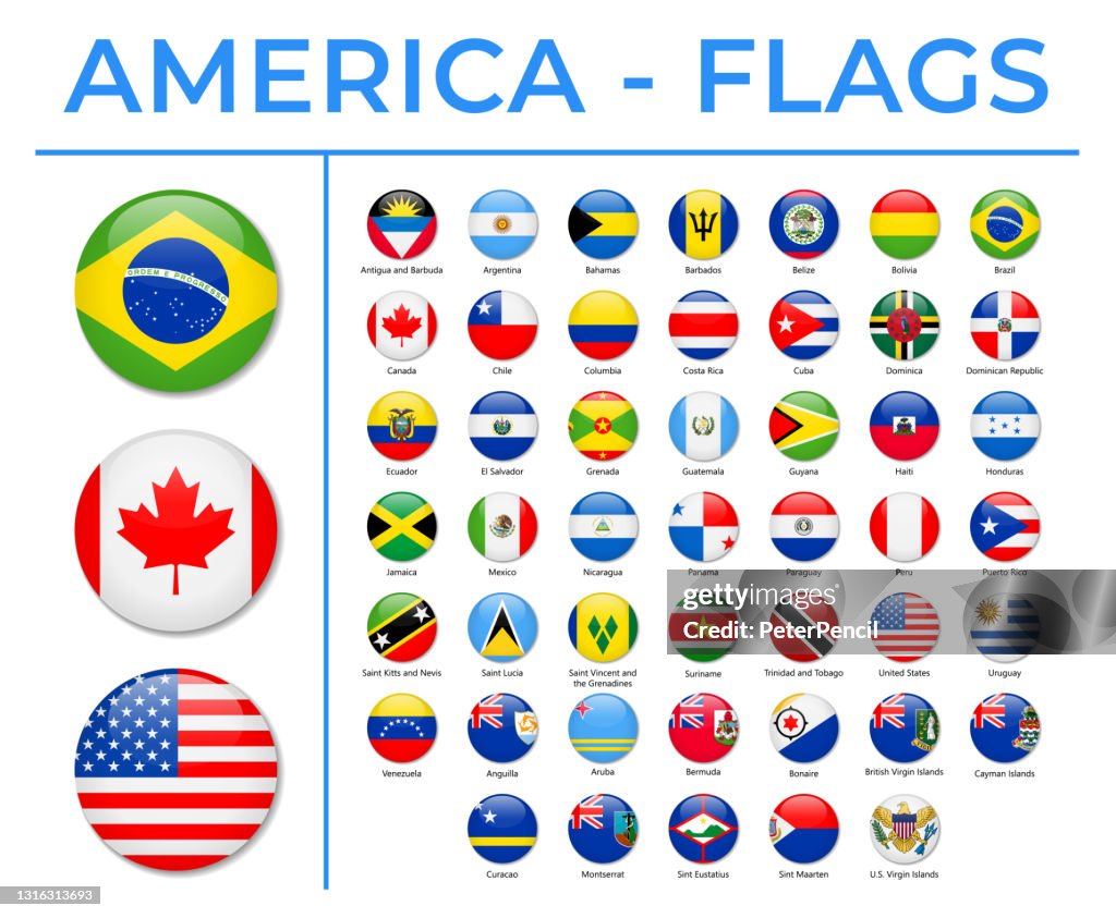 Världsflaggor - Amerika - Nord, Central och Syd - Vector Round Circle Glansiga Ikoner